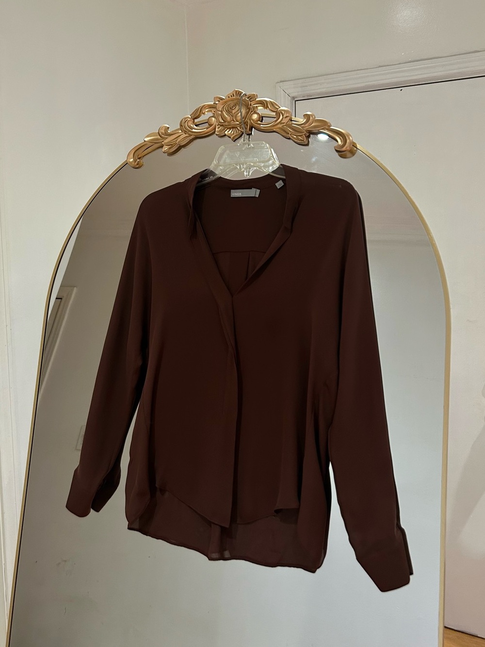 Vince 100% Silk Brown Long-Sleeve V-Neck Blouse, Size 2